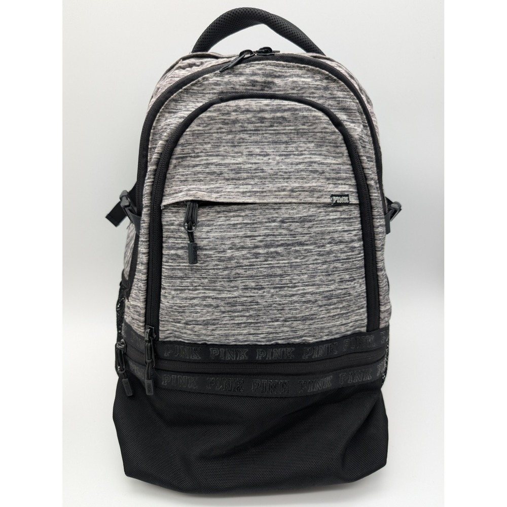 Victorias Secret PINK Collegiate Backpack Grey Space Dye Black Logo Travel Bag